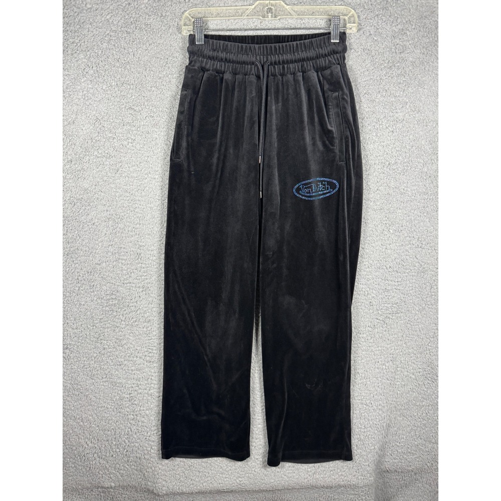 Von‎ Dutch Womens Black Velour Track Pants Wide Legs Drawstring Small Y2K Retro